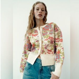 🩵 Zara PEARL BUTTON FLORAL KNIT JACQUARD Cardigan Multi Color Long Sleeve